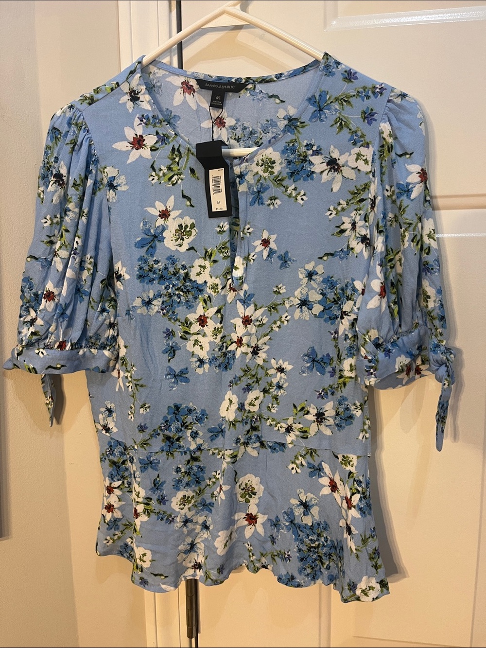 Banana Republic Light Blue Floral Tie-Sleeve Blouse